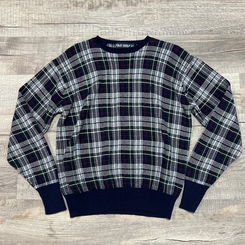 Polo Golf Ralph Lauren Mens Medium Sweater Plaid Academia Prep Y2K VTG Cotton